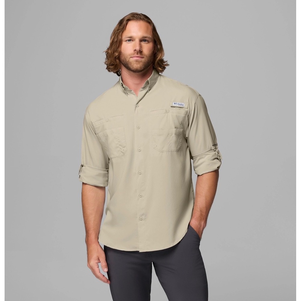 Columbia PFG Tamiami II Men's Long Sleeve Fishing Shirt Beige Khaki Large Vented